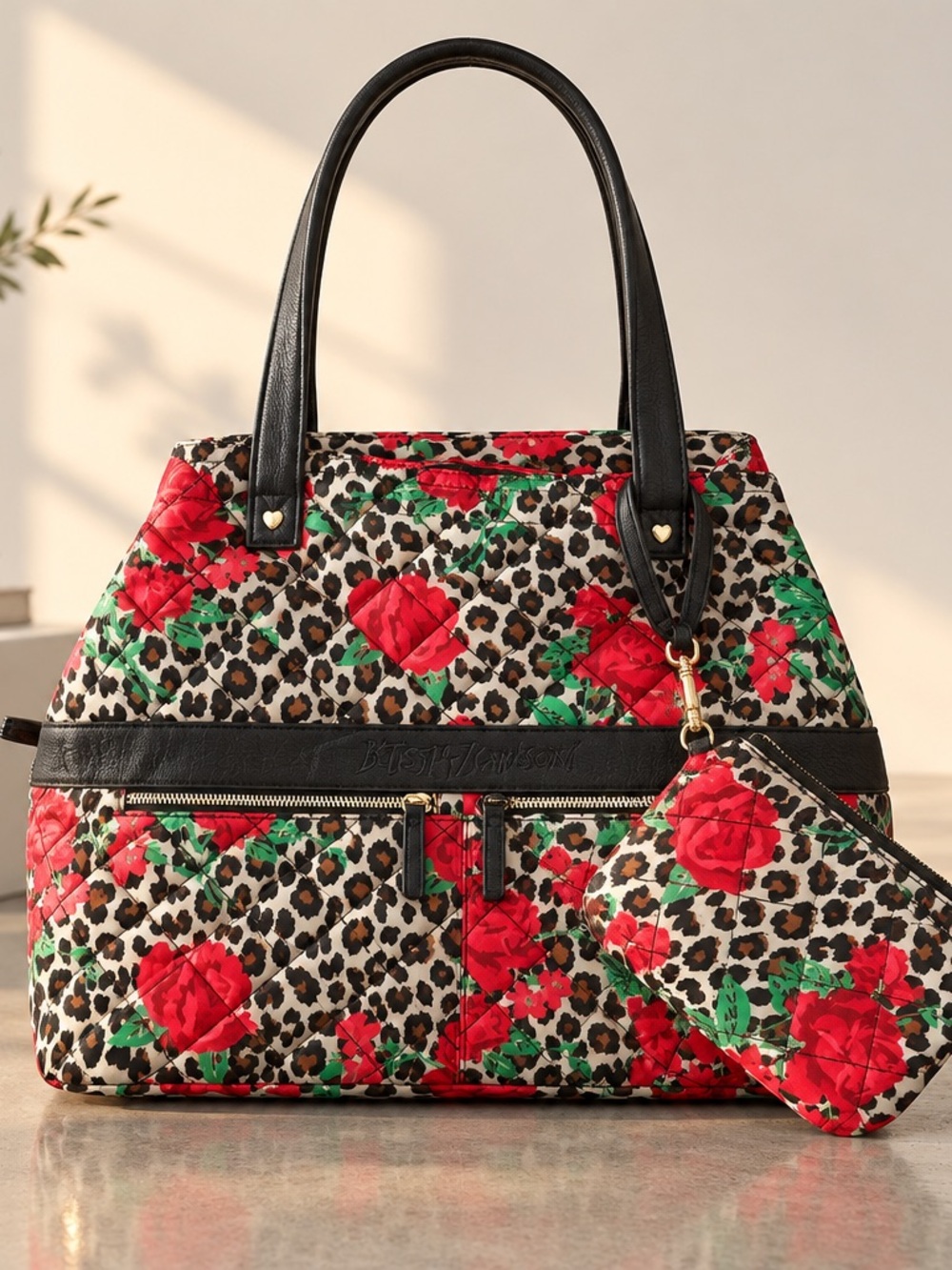 Betsey Johnson Red Rose & Leopard Quilted Tote with Wristlet